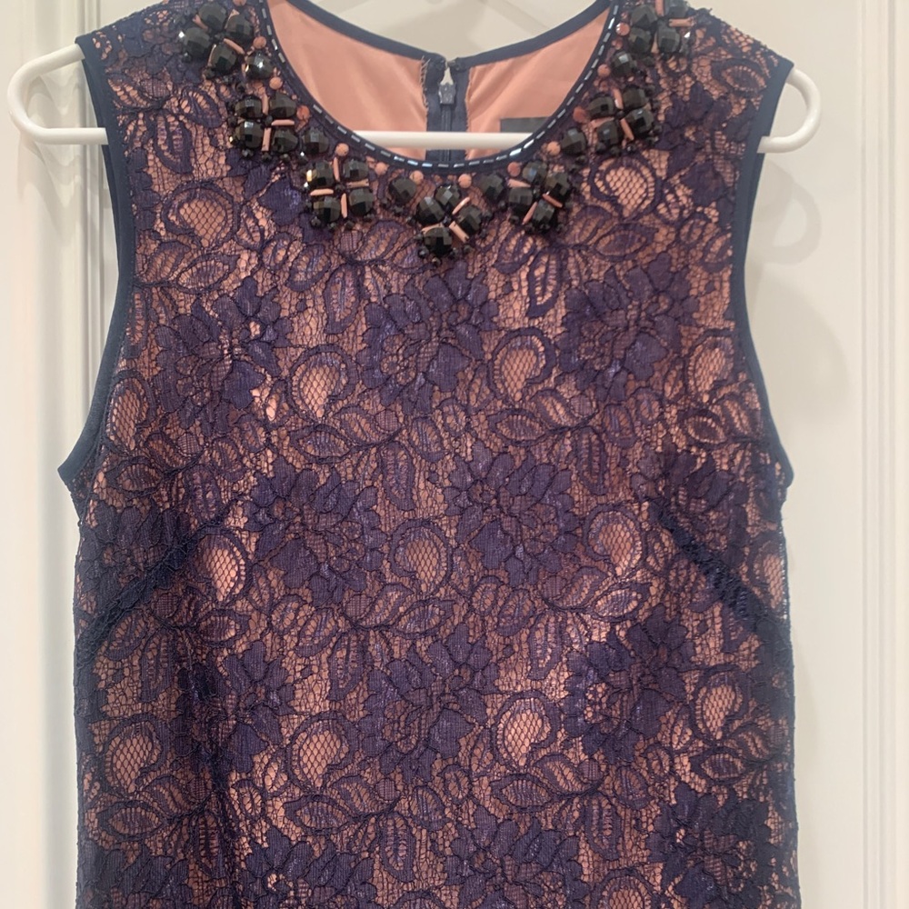Adrianna Papell navy blue lace dress with pink lining